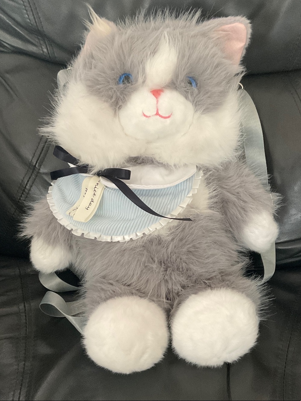 Plush Grey and White Cat Toy with Blue Bib - Brand Unknown